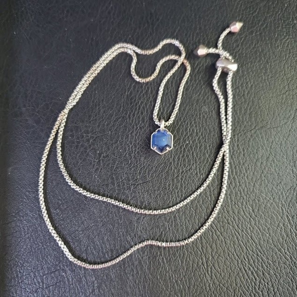 Kendra Scott Teo Silver Tone Hexagon Blue Stone Adjustable Box Chain Necklace